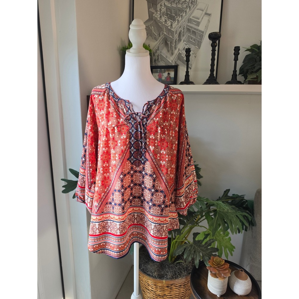 Figueroa & Flower Boho Mosaic Print Peasant Blouse Top Red Navy Cream size M